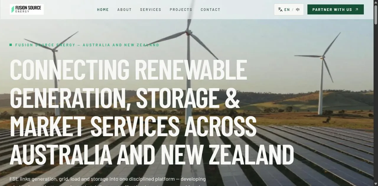 Fusion Source Energy home page: a full-width photo of wind turbines and solar panels with the headline Connecting renewable generation, storage and market services across Australia and New Zealand