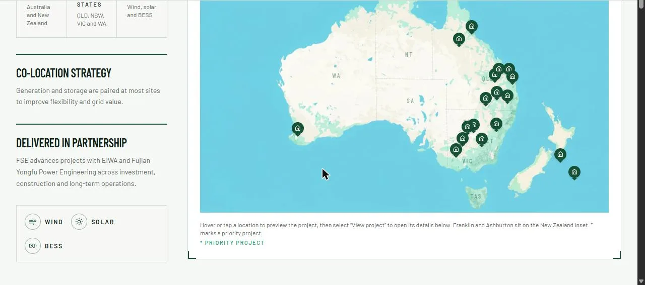 Interactive map of Australia and New Zealand with a marker for each Fusion Source Energy project site
